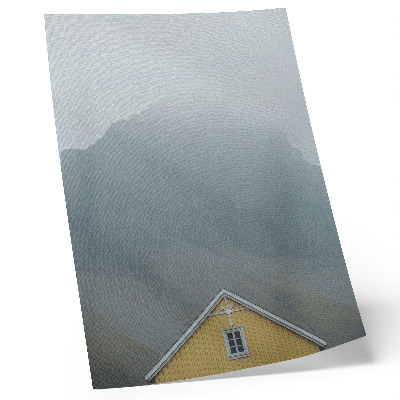 Poster decorativo Casa amarela, nevoeiro, montanhas, atmosfera pacífica