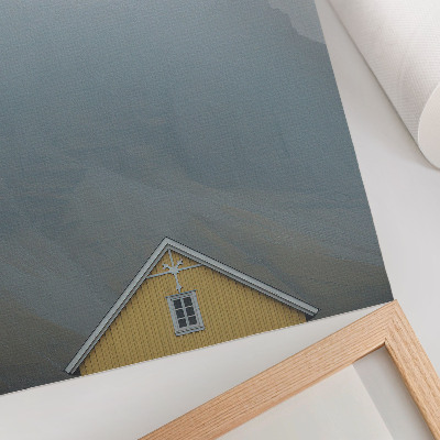 Poster decorativo Casa amarela, nevoeiro, montanhas, atmosfera pacífica