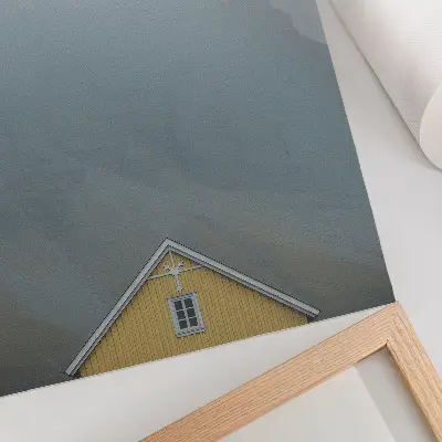 Poster decorativo com paisagem de casa amarela, nevoeiro e montanhas em atmosfera pacífica