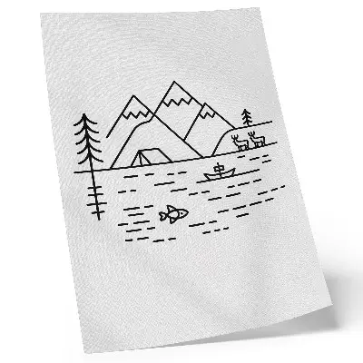 Arte de parede com linhas minimalistas de montanhas, lago e animais