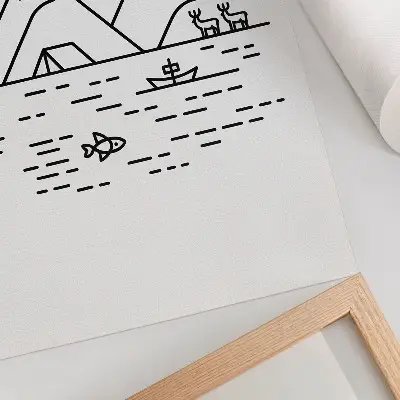 Arte de parede com linhas minimalistas de montanhas, lago e animais