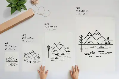 Arte de parede com linhas minimalistas de montanhas, lago e animais