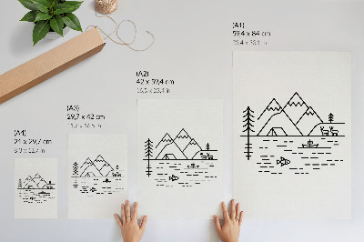 Arte de parede Linhas minimalistas, montanhas, lago, animais