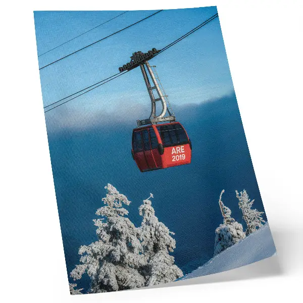 Poster para cozinha paisagem de inverno com gôndola vermelha e árvores brancas