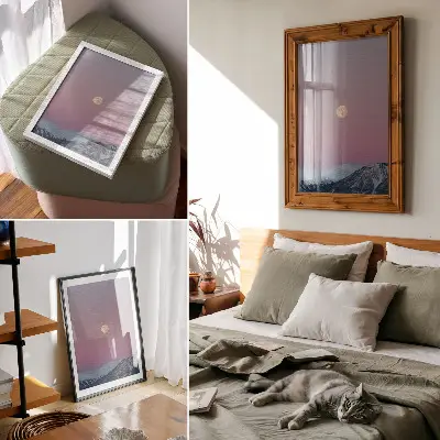 Poster decorativo montanhas com lua e céu em tons pastel ao crepúsculo