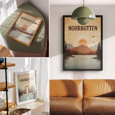 Poster para cozinha paisagem de lago com montanhas e pôr do sol em tons de turquesa e bege
