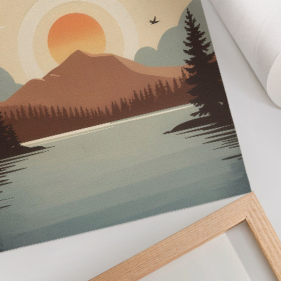 Poster para cozinha Paisagem lago montanha pôr do sol árvores turquesa bege