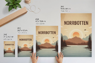 Poster para cozinha Paisagem lago montanha pôr do sol árvores turquesa bege