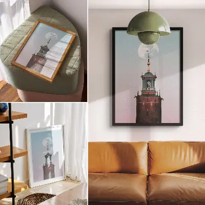 Impressão em tela torre lua com fundo em tons pastel calmos