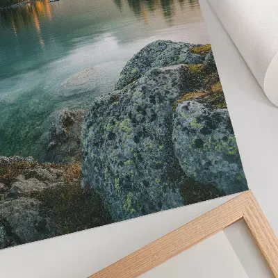 Impressão em tela montanhas, lago, ilha e manhã enevoada