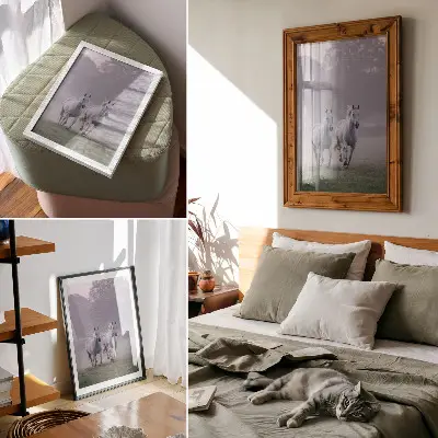 Pôster decorativo cavalos brancos na névoa matinal com tema de natureza