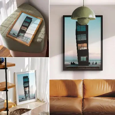 Poster decorativo uma torre negra moderna sobre mar azul