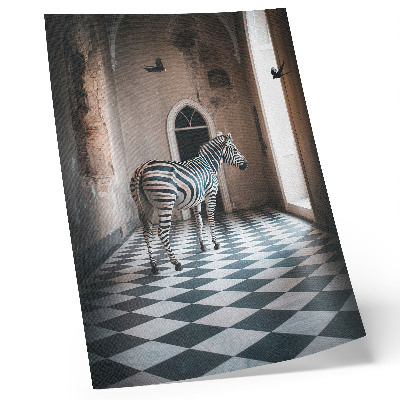 Impressão em tela Zebra tendo como pano de fundo arquitetura com pássaros em voo.