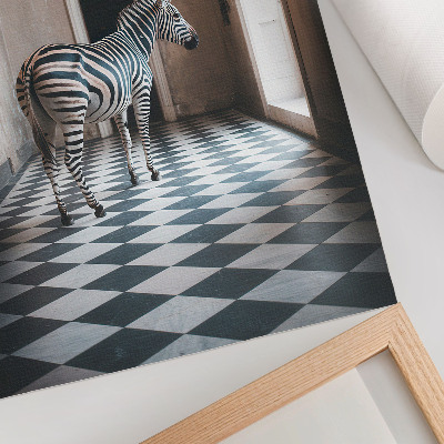 Impressão em tela Zebra tendo como pano de fundo arquitetura com pássaros em voo.