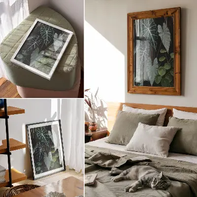 Poster para cozinha folhas verdes com fundo escuro moderno