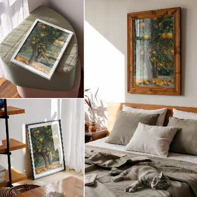 Poster decorativo Laranjas suculentas em uma árvore em um pomar verdejante.