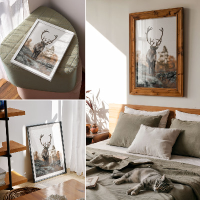 Poster decorativo Veados em um cenário de outono com rochas e árvores ao fundo.