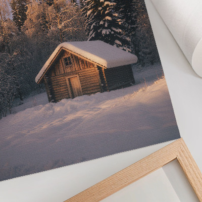 Poster decorativo Cabana de madeira na floresta de inverno: paz, harmonia e natureza.