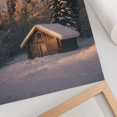 Poster decorativo cabana de madeira na floresta de inverno representando paz, harmonia e natureza