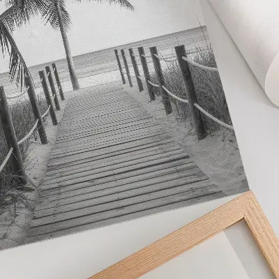 Arte de parede cais tropical com palmeiras, areia e horizonte infinito