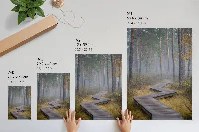 Poster para cozinha trilha de madeira entre as árvores na neblina