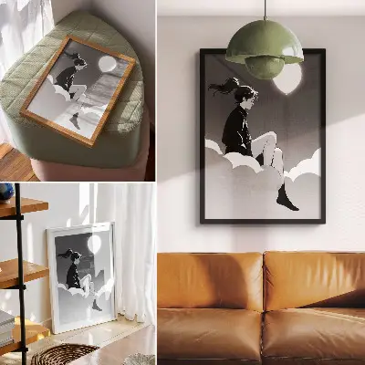Impressão em tela figura em uma nuvem com um balão em estilo minimalista