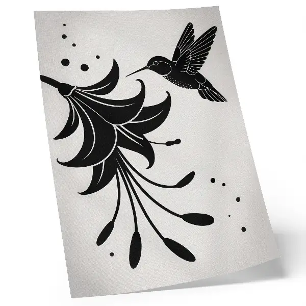 Arte de parede beija-flor e flor em contraste sobre fundo branco