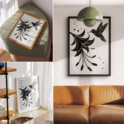 Arte de parede Beija-flor e flor em contraste sobre um fundo branco.