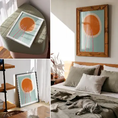 Poster para cozinha com círculo laranja, fundo turquesa e linhas rosa