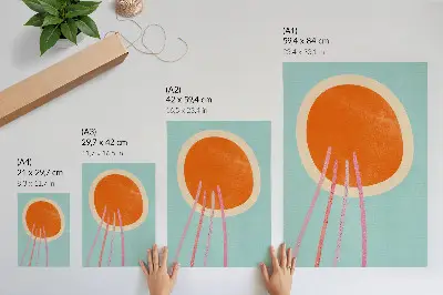 Poster para cozinha com círculo laranja, fundo turquesa e linhas rosa