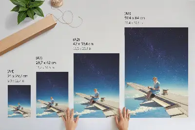 Poster decorativo garota na asa de um avião tema universo dos livros
