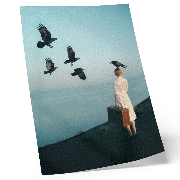 Arte de parede Mulher com uma mala, pássaros, céu, surrealismo