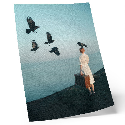 Arte de parede Mulher com uma mala, pássaros, céu, surrealismo