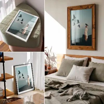 Arte de parede mulher com uma mala, pássaros e céu em estilo surrealista