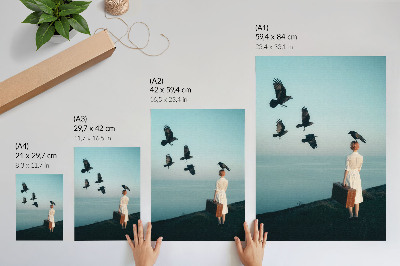 Arte de parede Mulher com uma mala, pássaros, céu, surrealismo