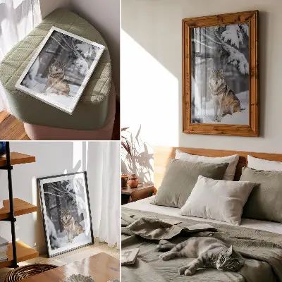 Poster decorativo lobo na floresta de inverno com temática de natureza, silêncio e elegância
