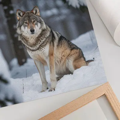 Poster decorativo lobo na floresta de inverno com temática de natureza, silêncio e elegância