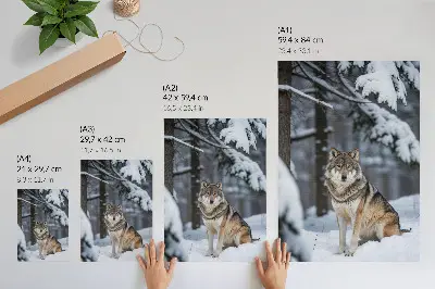 Poster decorativo lobo na floresta de inverno com temática de natureza, silêncio e elegância
