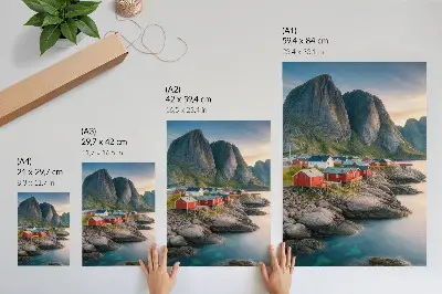 Poster decorativo com cabanas encantadoras, mar calmo e montanhas majestosas
