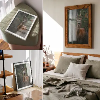 Poster decorativo veados na floresta com fundo verde e temática de natureza e paz