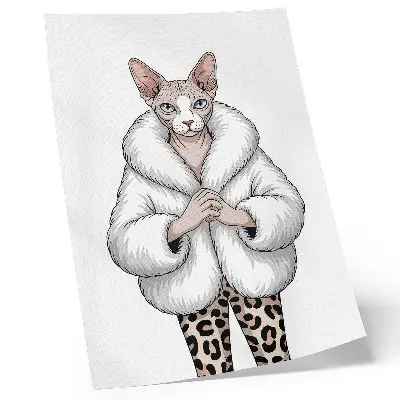 Impressão em tela gato com casaco de pele e calças com estampa de leopardo