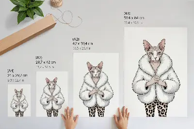 Impressão em tela gato com casaco de pele e calças com estampa de leopardo