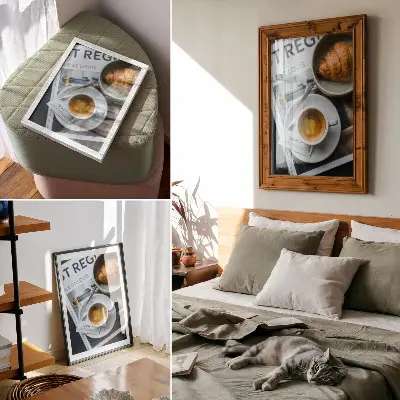 Poster decorativo com estampa de fundo preto e branco, café e croissant para um toque de elegância e relaxamento