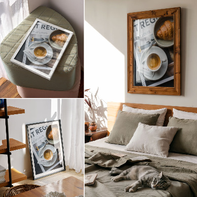 Poster decorativo Fundo preto e branco, café, croissant, elegância, relaxamento