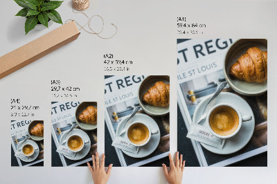 Poster decorativo Fundo preto e branco, café, croissant, elegância, relaxamento