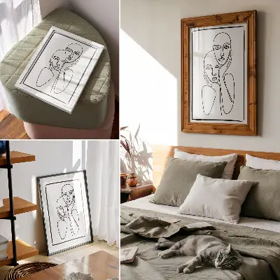 Poster decorativo contornos faciais com linhas pretas em estilo minimalista e elegante