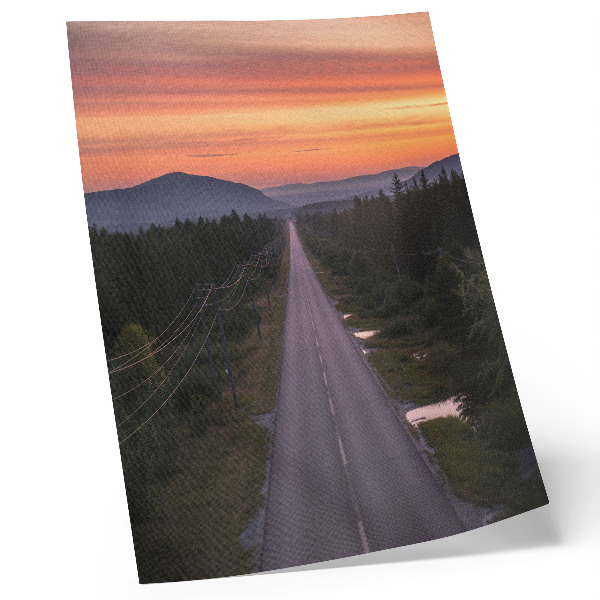 Impressão em tela Uma estrada reta que atravessa a floresta sob um pôr do sol em tons pastel.