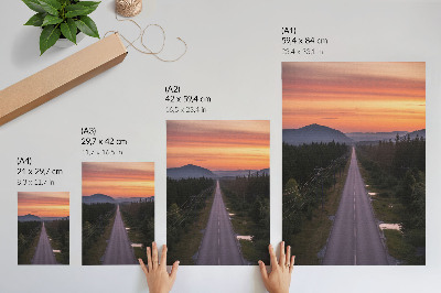 Impressão em tela Uma estrada reta que atravessa a floresta sob um pôr do sol em tons pastel.