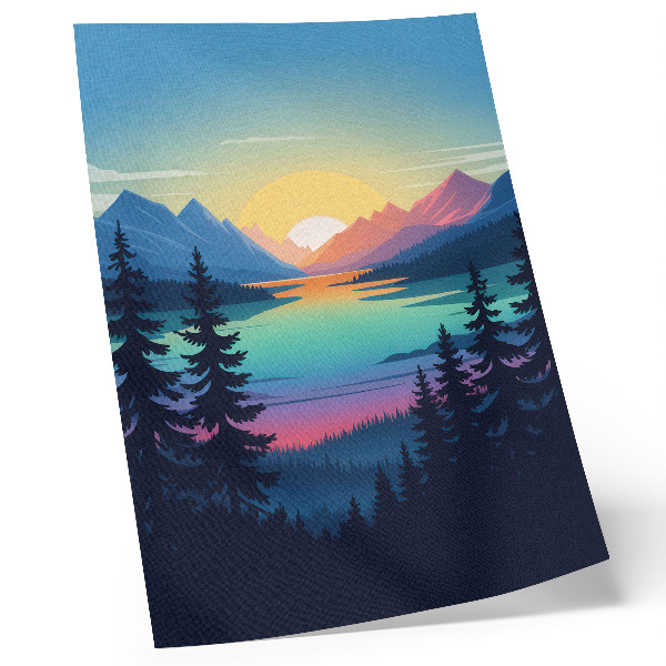 Arte de parede Montanhas coloridas com pôr do sol e lago