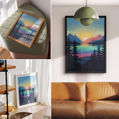 Arte de parede Montanhas coloridas com pôr do sol e lago